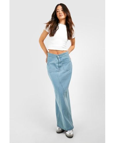Boohoo Tall Foldover Waistband Pocket Detail Denim Maxi Skirt - Blue