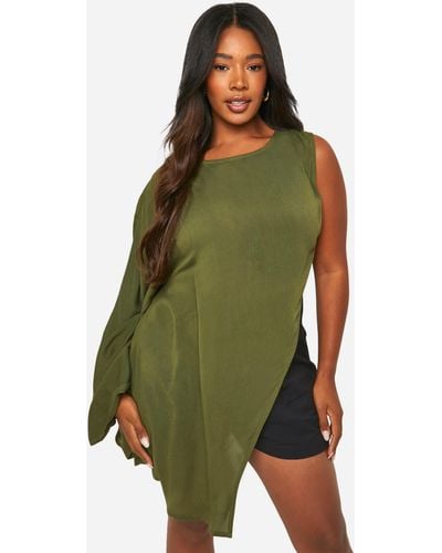 Boohoo Plus Cheesecloth High Neck Longline Top - Verde