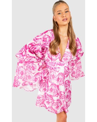 Boohoo Floral Chiffon Layered Frill Sleeve Skater Dress - Rosa