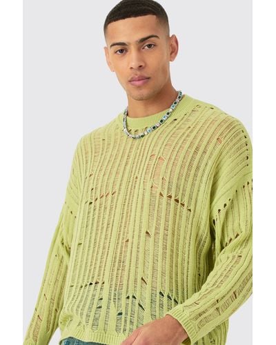 BoohooMAN Oversized Ladder Detail Open Knit Sweater In Sage - Green