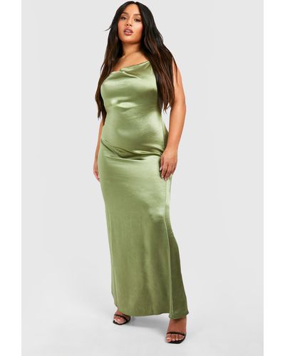 Boohoo Plus Satin Cowl Neck Maxi Slip Dress - Green