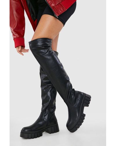 Boohoo Over The Knee Chunky Sole Boots - Black