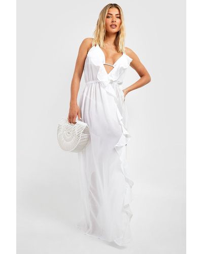 Boohoo Ellie Ruffle Split Maxi Beach Dress - White