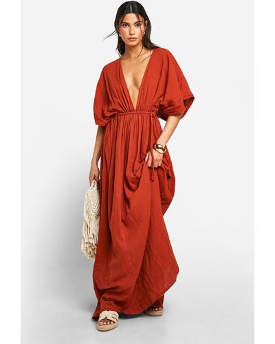Boohoo Cheesecloth Plunge Batwing Maxi Dress - Red