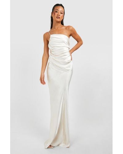Boohoo Tall Bridesmaid Satin Strappy Asymmetric Maxi Dress - White