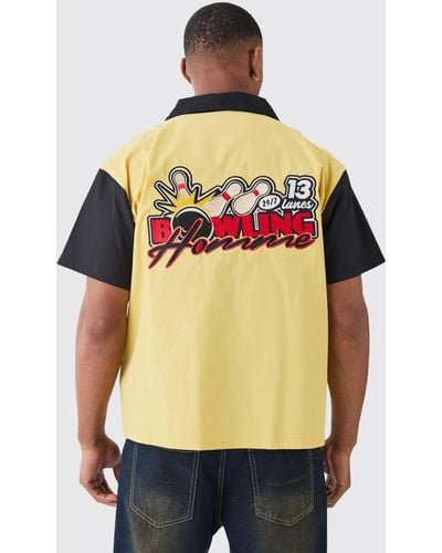 BoohooMAN Short Sleeve Boxy Poplin Bowling Homme Shirt - Yellow