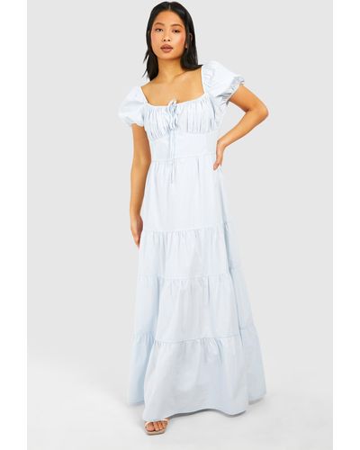 Boohoo Petite Poplin Milkmaid Maxi Dress - White