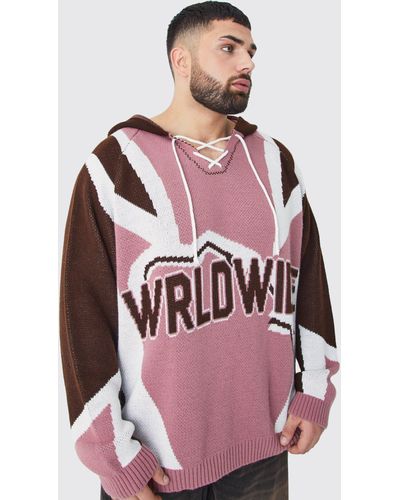 BoohooMAN Plus Oversized Lace Up Hockey Jumper With Hood - Rot
