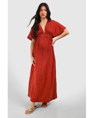 Boohoo Maternity Cheesecloth Belted Maxi Beach Dress - Rojo