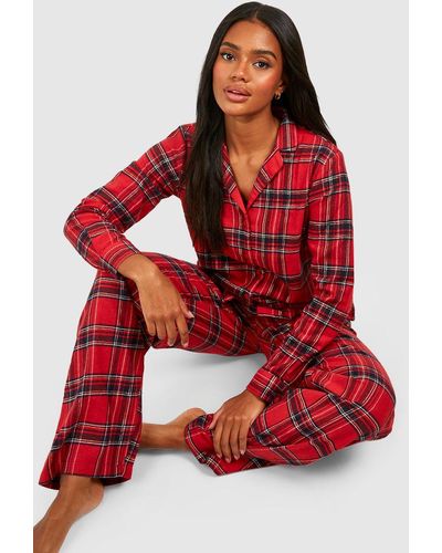 Boohoo Christmas Brushed Flannel Button Pj Pants Set - Red