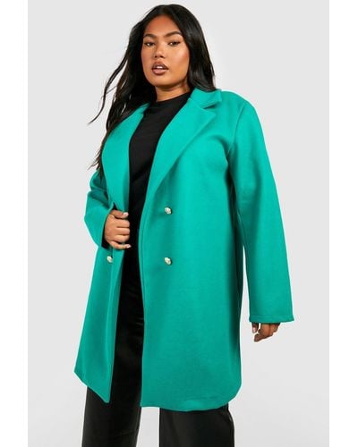 Boohoo Plus Wool Look Double Breasted Military Buttons Coat - Blue