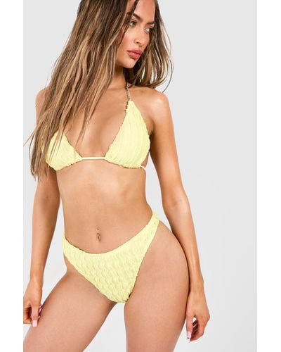 Boohoo Diamante Trim Textured Triangle Bikini Set - Yellow