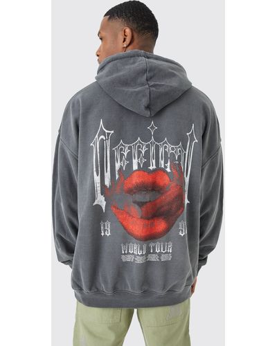 Boohoo Oversized Overdyed Gothic Lips Graphic Hoodie - Gray