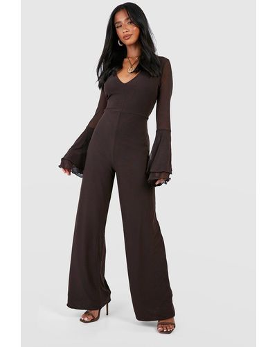 Boohoo Petite Mesh Flare Sleeve Jumpsuit - White