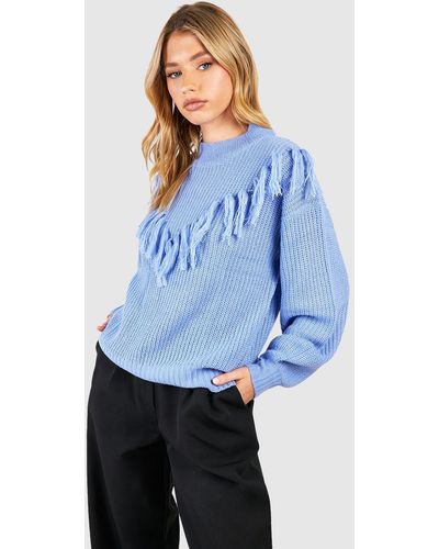 Boohoo Tassel Detail Knitted Sweater - Blue