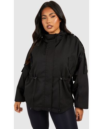 Boohoo Plus Cinched Waist Hooded Jacket - Black