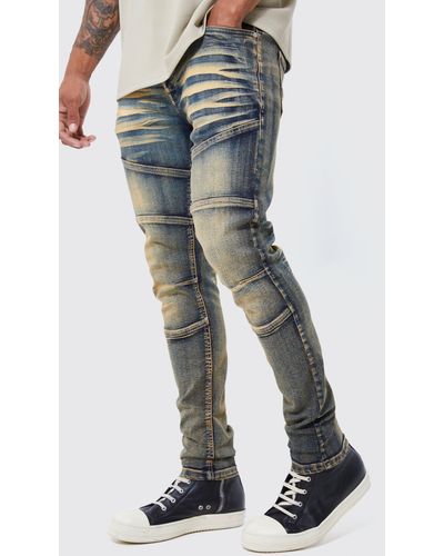 BoohooMAN Skinny Stretch Tinted Paneled Jeans - Blue