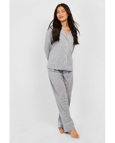 Boohoo Long Sleeve Button Through Jersey Knit Pj Set - Gray