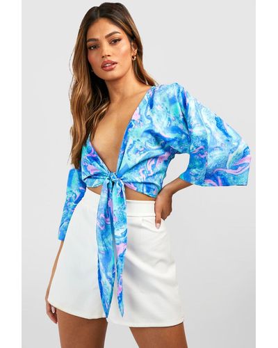 Boohoo Tie Dye Marble Printed Tie Front Top - Blue