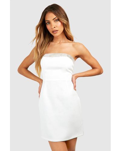 Boohoo Diamante Detail Bandeau Tailored Mini Dress - White