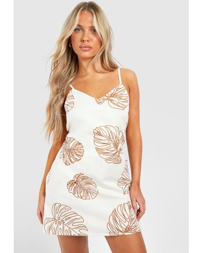 Boohoo Tropical Linen Look Swing Beach Dress - White