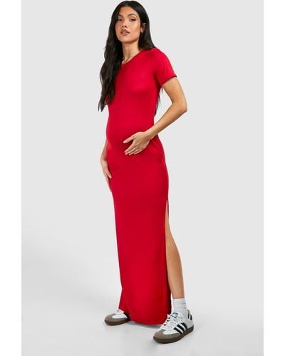 Boohoo Maternity Short Sleeve Split Hem Supersoft Maxi Dress - Red