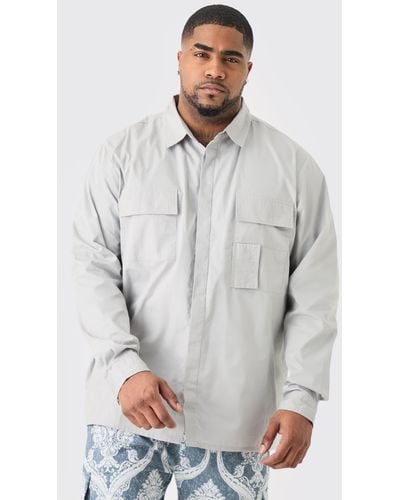 BoohooMAN Plus Longsleeve Poplin Utility Layered Shirt - Gray