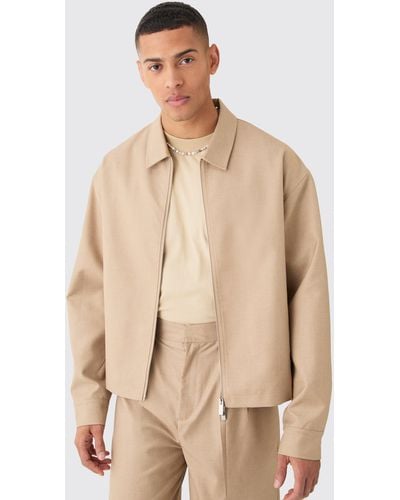 BoohooMAN Tailored Zip Up Boxy Fit Harrington Jacket - Natural