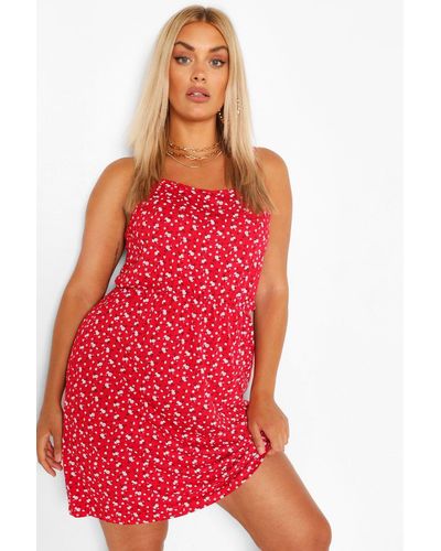 Boohoo Plus Ditsy Floral Strappy Sundress - Red