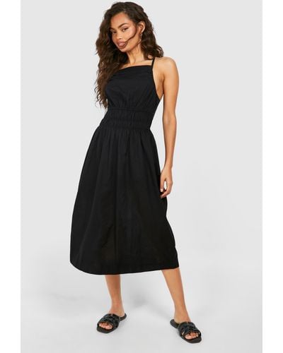 Boohoo Strappy Linen Shirred Waist Midi Dress - Black
