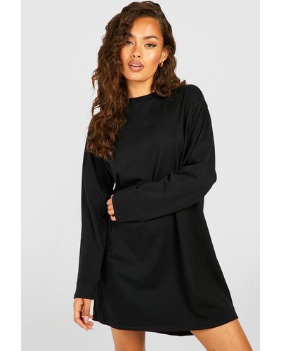 Boohoo Oversized Long Sleeve Dipped Hem T-shirt Dress - Black