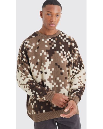 BoohooMAN Oversized Pixelated Camo Knitted Sweater - Brown