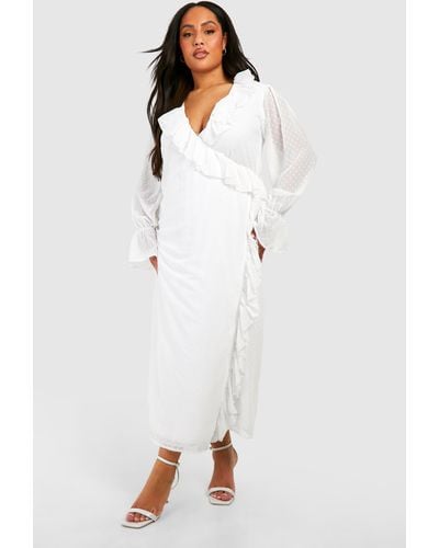 Boohoo Plus Dobby Mesh Ruffle Detail Long Sleeve Wrap Dress - White