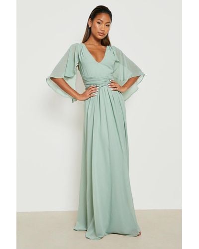 Boohoo Chiffon Bridesmaid Angel Sleeve Wrap Maxi Dress - Green