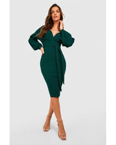Boohoo Recycled Off The Shoulder Wrap Midi Dress - Green