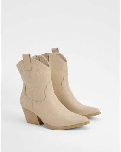 Boohoo Stitch Detail Western Ankle Boots - Natural