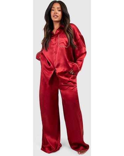 Boohoo Plus Oversized Piping Detail Pj Pants Set - Red