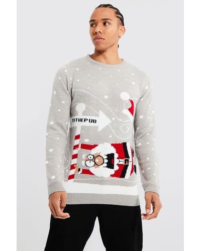 BoohooMAN Tall To The Pub Christmas Sweater - White