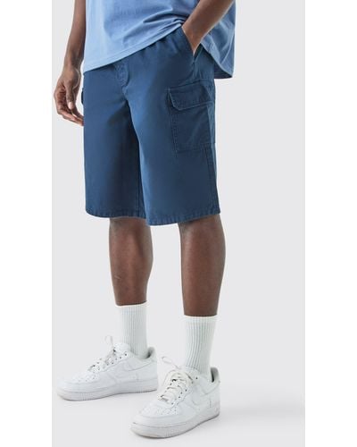 BoohooMAN Longer Length Relaxed Fit Elasticated Waist Cargo Shorts - Blue