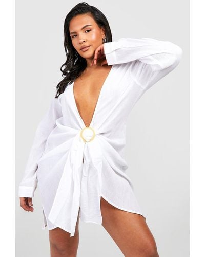 Boohoo Plus Cheesecloth Ring Detail Beach Dress - White