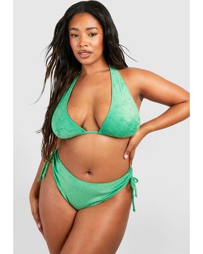 Boohoo Plus Toweling Ribbed Halter Bikini Top - Green