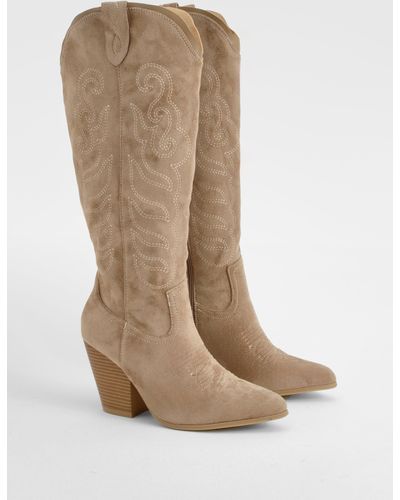 Boohoo Embroidered Knee High Western Cowboy Boots - Neutro