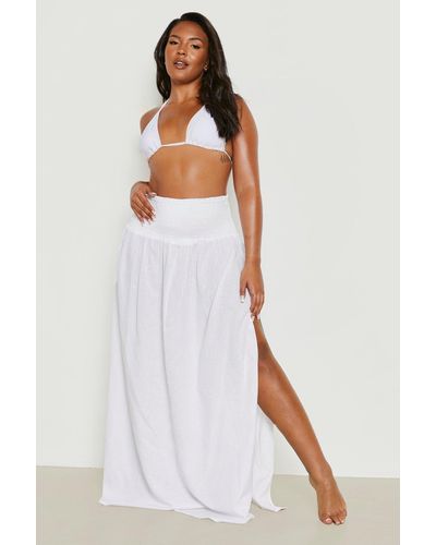 Boohoo Plus Linen Shirred Maxi Beach Skirt - White