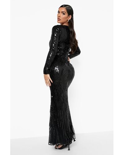 Boohoo Damask Sequin Plunge Maxi Party Dress - Black