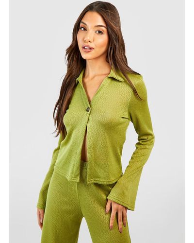 Boohoo Textured Flared Sleeve Shirt - Green