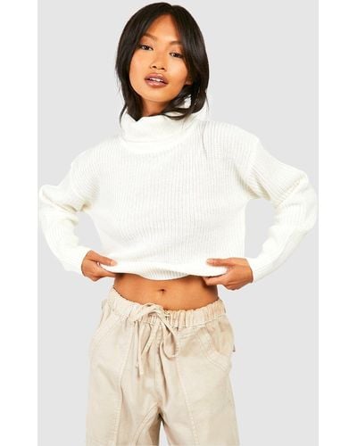 Boohoo Cropped Fisherman Roll Neck Sweater - White