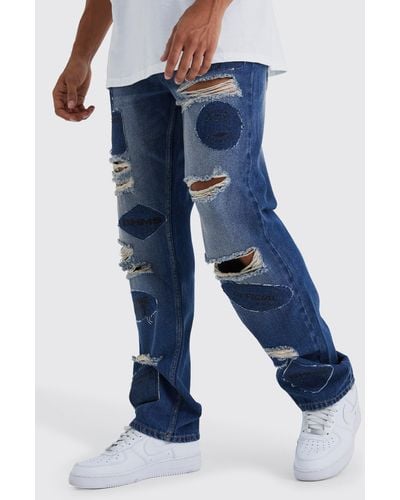Boohoo Relaxed Rigid Applique Ripped Jeans - Blue
