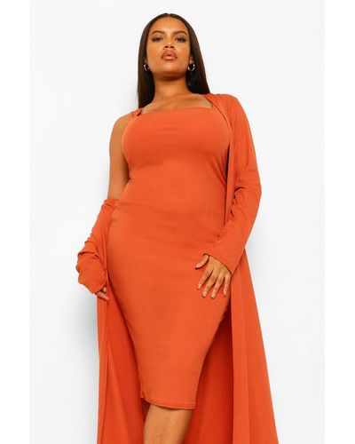 Boohoo Plus Rib Midi Dress & Kimono Two-piece - Orange