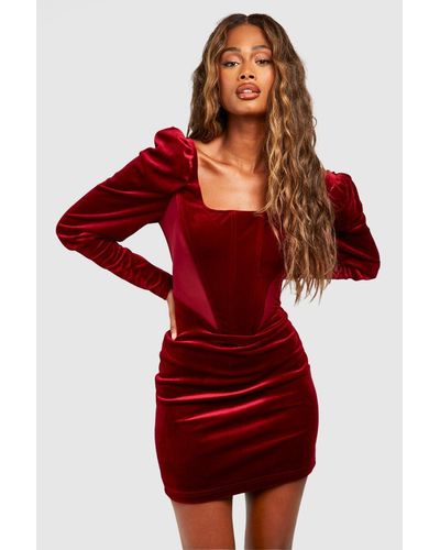 Boohoo Velvet Paneled Puff Sleeve Mini Dress - Red