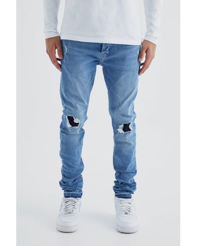 Boohoo Skinny Stacked Distressed Ripped Let Down Hem Jean - Blue